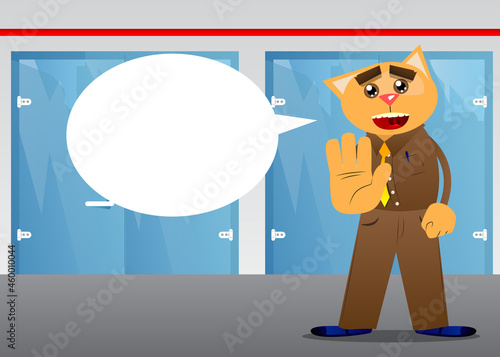 Funny cartoon cat showing deny or refuse hand gesture. Vector illustration. Cute orange, yellow haired young kitten.