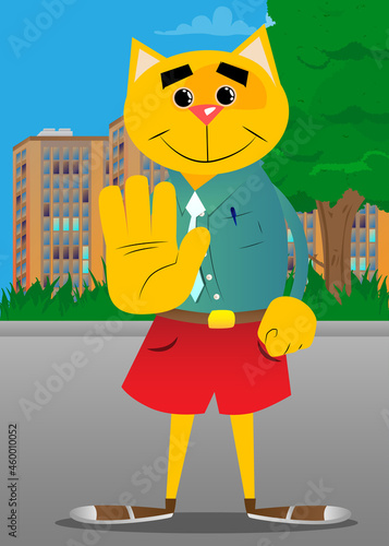 Funny cartoon cat showing deny or refuse hand gesture. Vector illustration. Cute orange, yellow haired young kitten.