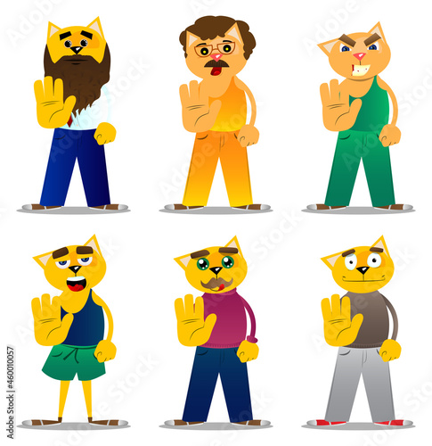 Funny cartoon cat showing deny or refuse hand gesture. Vector illustration. Cute orange, yellow haired young kitten.