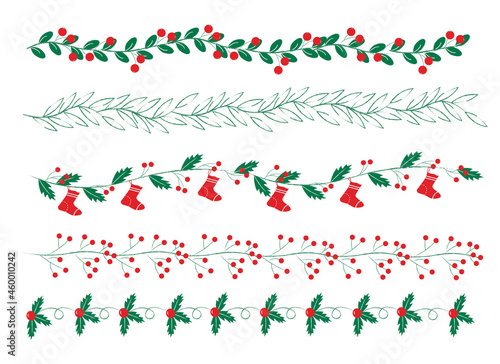 Set of decorative borders for Christmas. For use in postcards, prints, flyers, invitations, covers, packaging. Vector illustration.