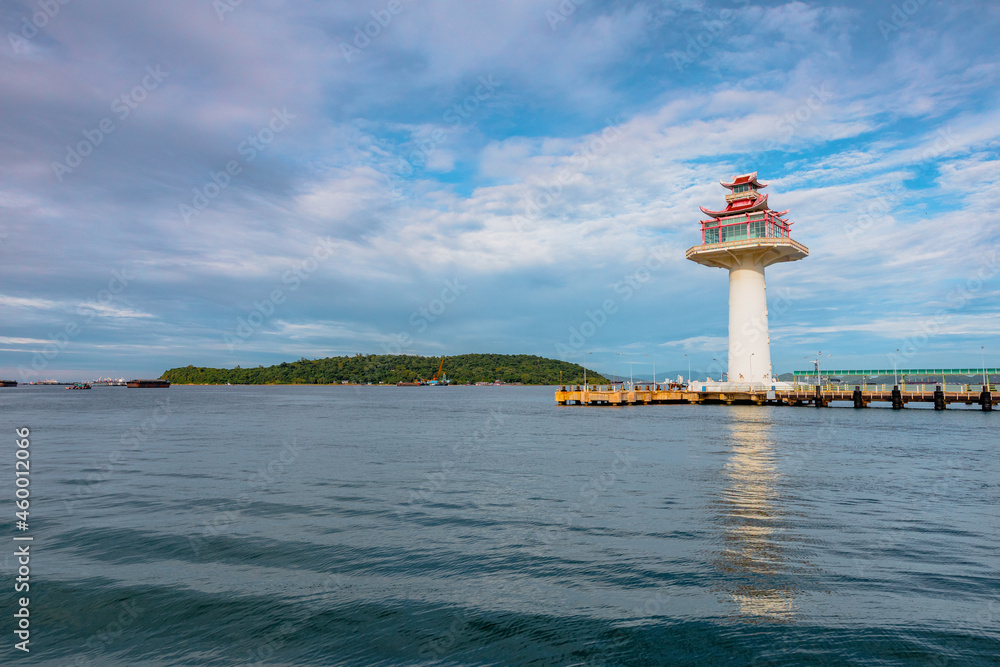 Lighthouse with clear sky in Koh Sichang island, Chonburi, Thailand.
