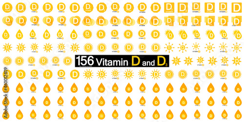 Set vitamin d icons. Sun with symbol D3. Vector signs.
