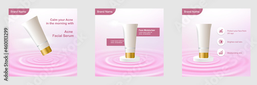 Minimal beauty cosmetic social media square post template banner in pink color with water ripple. For product knowledge, display, price, catalog tips