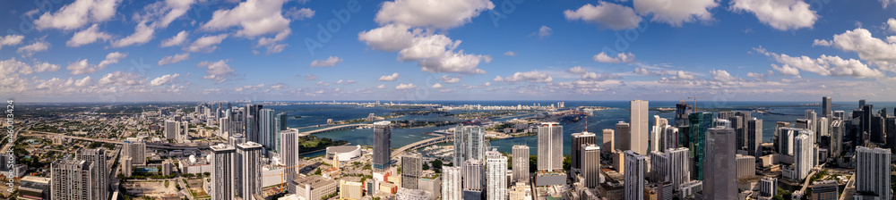 Aerial drone panorama photo Downtown Miami and Brickell with view of Port