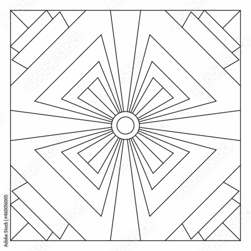 Easy coloring pages for seniors and for adults. Tile pattern design. Composition of 4 fold rotational symmetry of various shapes of paper sheets in tile square form. EPS8 file. #316