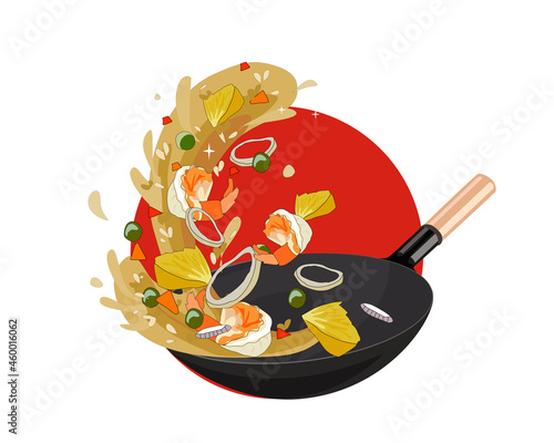 Thai pineapple fried rice recipe. Rice fry with pineapple slice, shrimp, carrot, pea and onions. Isolated stirred fired rice with ingredients come up from the pan. Thai food cooking vector. 