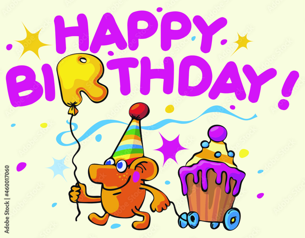 Fototapeta premium Happy birthday greeting card with cute monster and cupcake