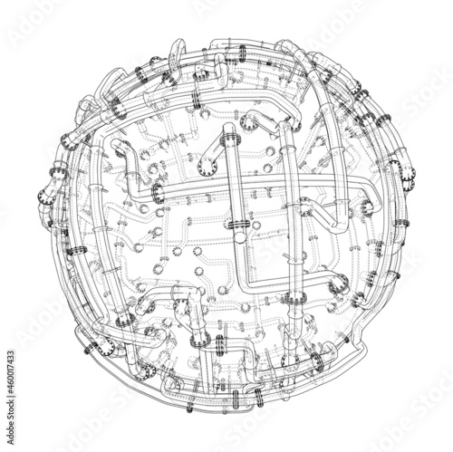 Pipes with flanges around a large sphere. Vector