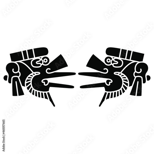 Symmetrical design with two stylized bearded human heads. Aztec god Quetzalcoatl. Native American codex art of Mexican Indians. Black and white negative silhouette. photo