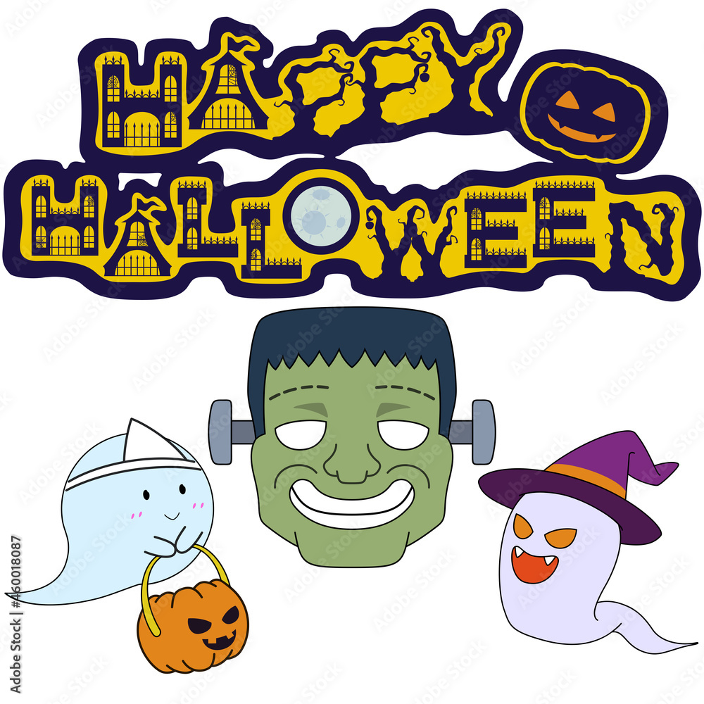 ハロウィンのロゴとフランケンシュタインとゴーストのイラスト（アウトラインあり）