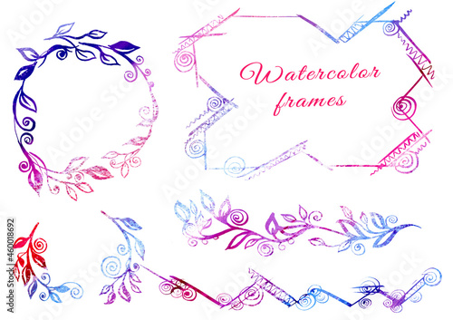 Multicolor Watercolor circle design elements, Watercolour gradient colorful vintage Frames freehand drawing. Multicolored Set red, lilac, blue, violet and purple Frame, ribbon, abstract element on