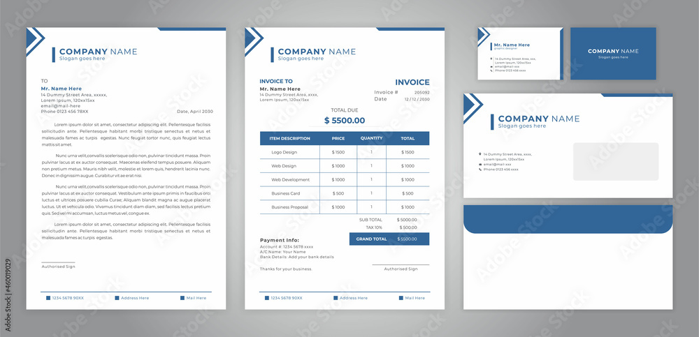 Set of Invoice, letterhead, card and envelope design Set of Invoice, letterhead, card and envelope design