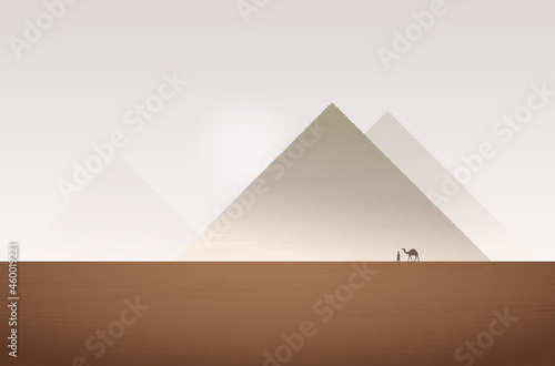 Abstract illustration of desert and pyramids in haze