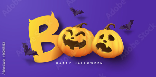 Halloween banner design with paper cut boo typography and pumpkins Festive Elements Halloween