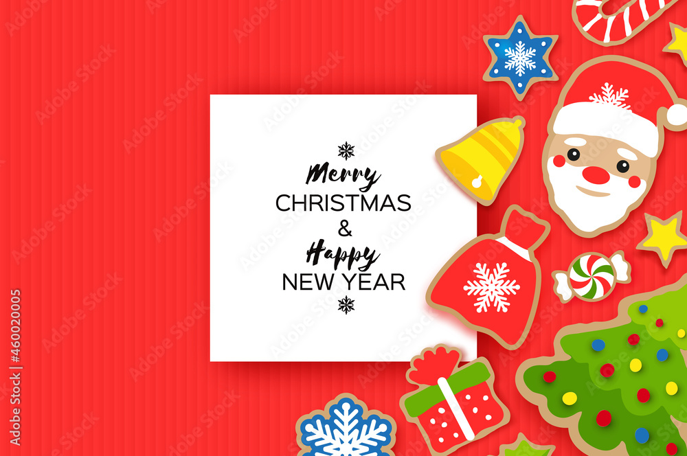 Happy New Year greeting card. Christmas Santa,tree,gift, snowflakes, lollipop. Christmas gingerbread paper cut style. rectangle frame. Winter holidays. Red. Happy New Year greeting card. Christmas Santa,tree,gift, snowflakes, lollipop. Christmas gingerbread paper cut style. rectangle frame. Winter holidays. Red.
