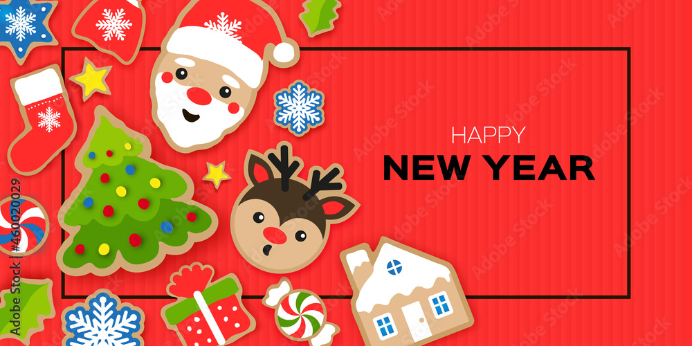 Happy New Year greeting card. Christmas Santa,tree,gift, deer, snowflakes, lollipop, holly. Christmas gingerbread paper cut style. Winter holidays Red Happy New Year greeting card. Christmas Santa,tree,gift, deer, snowflakes, lollipop, holly. Christmas gingerbread paper cut style. Winter holidays Red