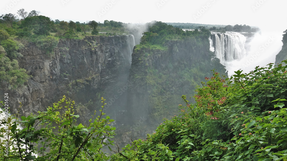 Victoria Falls streams descend into the gorge. The fog rises over the abyss. In the foreground, lush green vegetation, picturesque rocks. Zimbabw