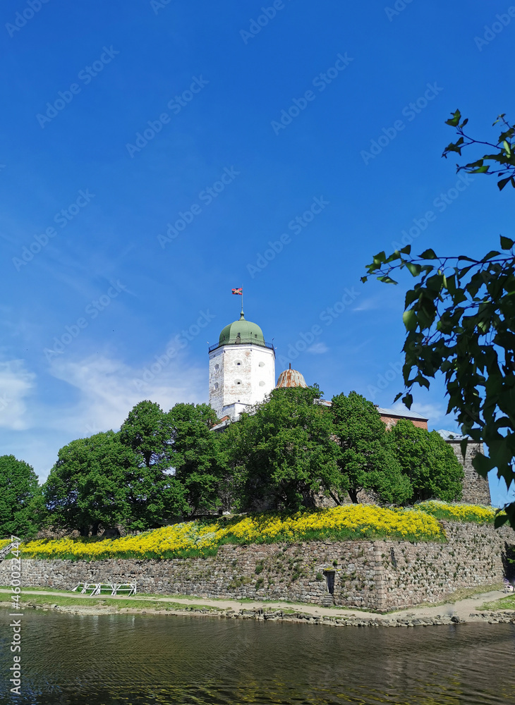 View of Vyborg Castle and St. Olaf's Tower, built in the 13th century, in the city of Vyborg against the blue sky.