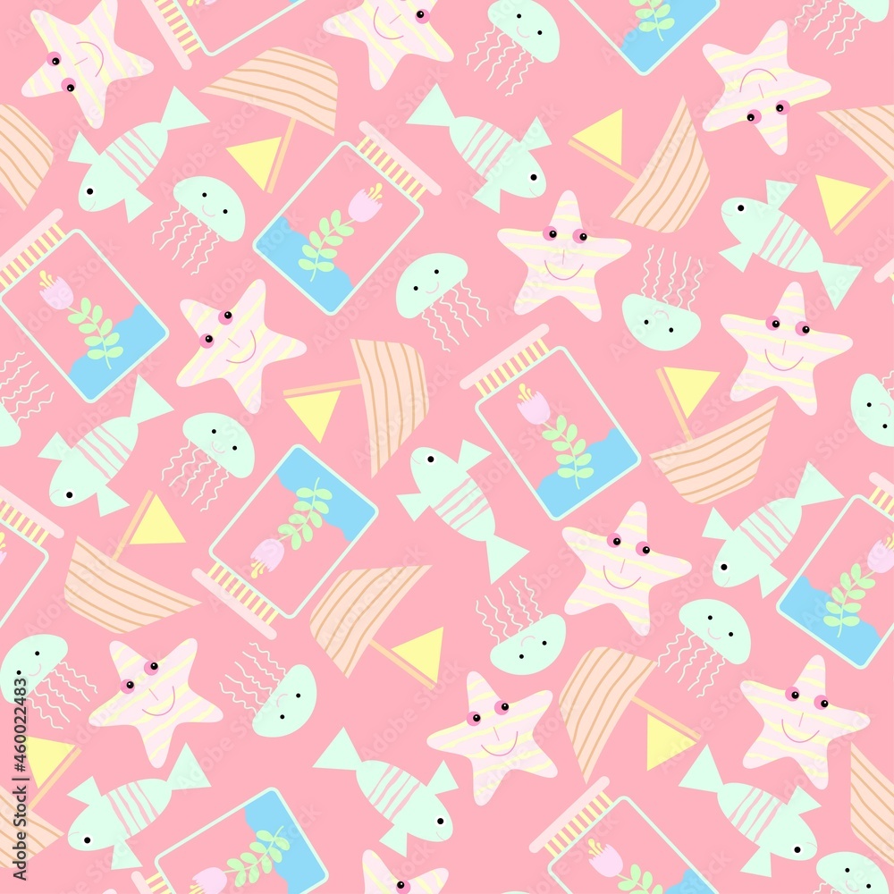 Fishes, jar with flower and water, jellyfish and boat doodles seamless pattern on pink background