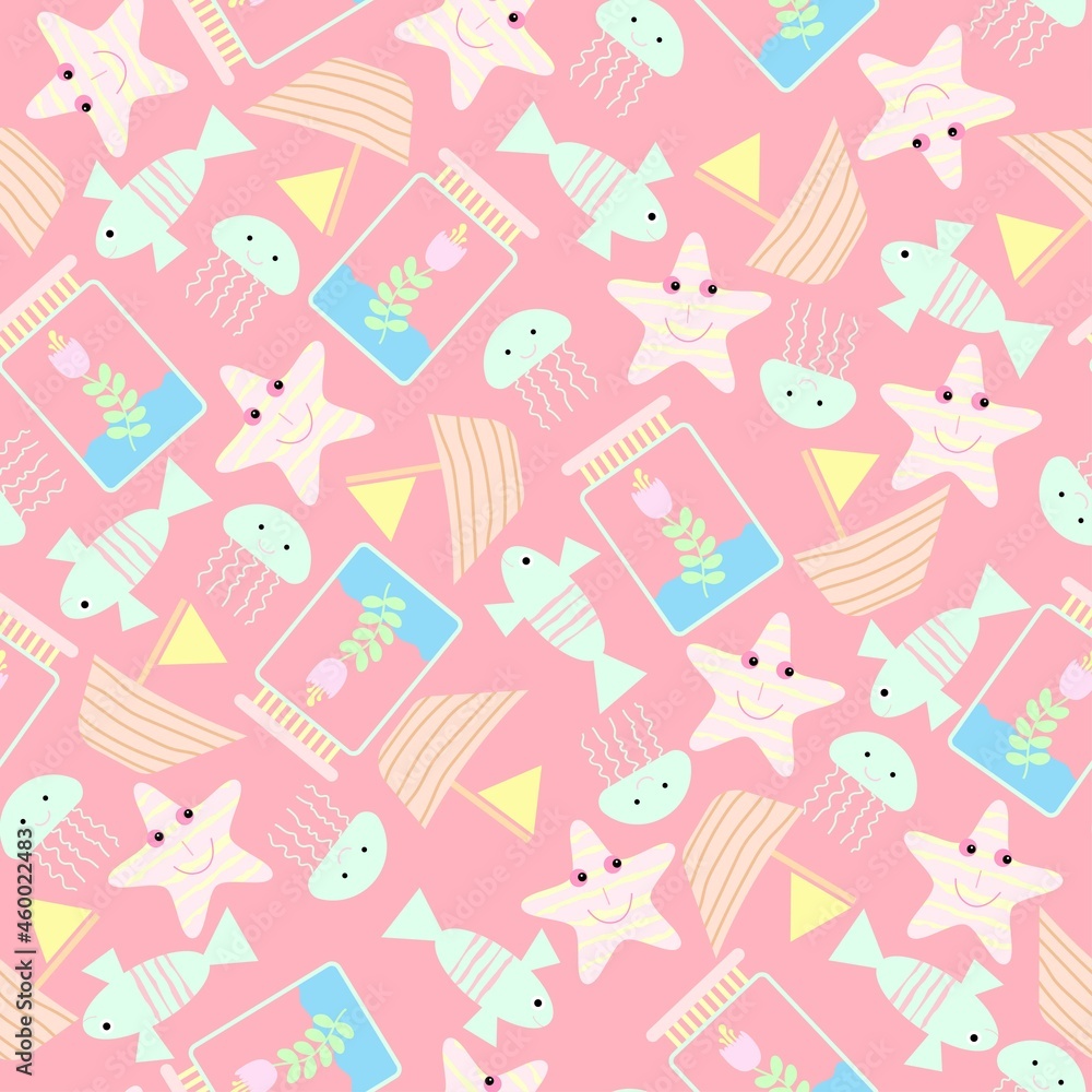 Fishes, jar with flower and water, jellyfish and boat doodles seamless pattern on pink background Fishes, jar with flower and water, jellyfish and boat doodles seamless pattern on pink background