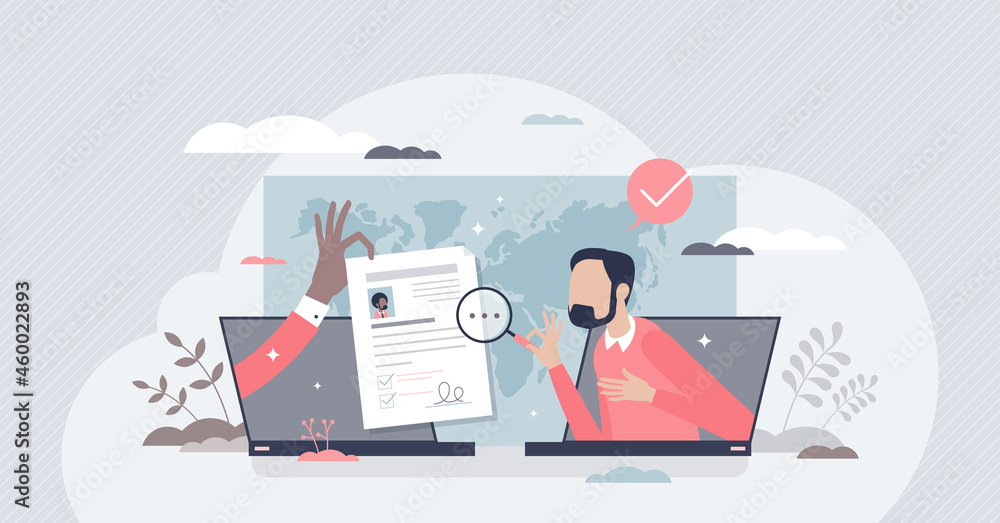 Hiring remotely and send job application or CV online tiny person concept. Distant freelance work review and applying to occupation using laptop and remote connection interview vector illustration. - obrazy, fototapety, plakaty 