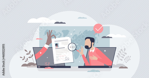 Hiring remotely and send job application or CV online tiny person concept. Distant freelance work review and applying to occupation using laptop and remote connection interview vector illustration.