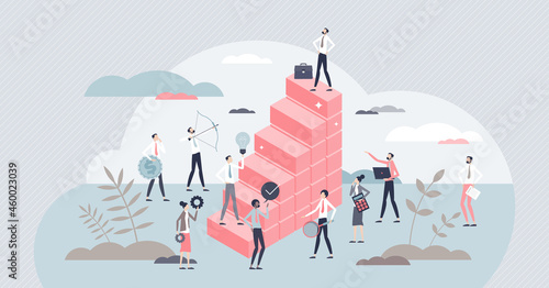 Business career target and successful professional growth tiny person concept. Leadership achievement or boss performance assessment vector illustration. Aim to top with best motivation and vision.