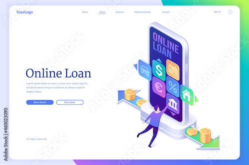 Online loan isometric landing page, banking credit service with tiny man use smartphone application to get lending money payment. Financial concept, mobile app for digital device, 3d vector web banner