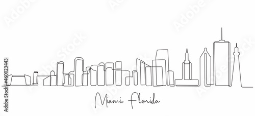 One single line drawing Miami city skyline, United States. Historical town landscape. Best holiday destination home wall decor poster print art. Trendy continuous line draw design vector illustration