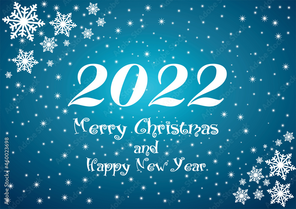 2022 Happy New Year blue background with white stars and snowflakes and text for your Greetings Card or Christmas.