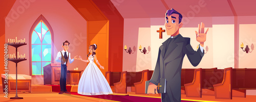 Wedding in catholic church with happy couple and pastor. Vector cartoon illustration of marriage ceremony in cathedral with bride in white dress, groom and man priest