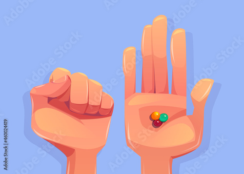 Guess which hand game with closed and open human palms and colorful candies or chewing gum top view. Choose right palm challenge, win and success in kids enigma, surprise, Cartoon vector illustration