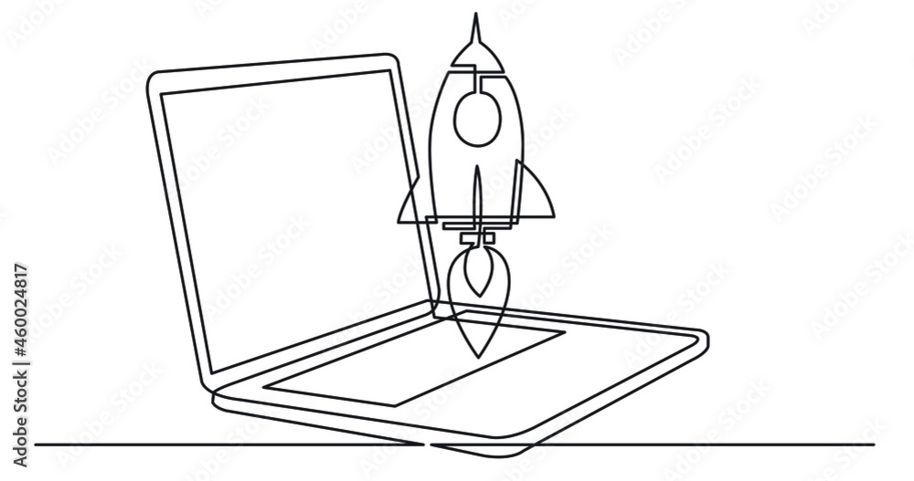 one line drawing of laptop computer with rocket launch as business concept of startup