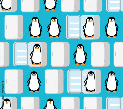 Penguin in fridge pattern seamless. flightless seabird background. vector texture. Baby fabric ornament