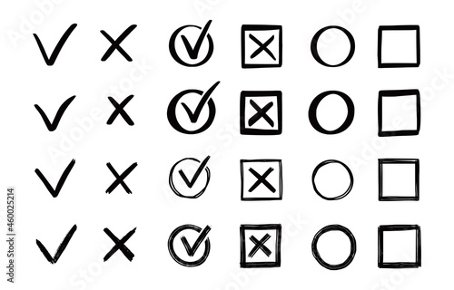Check and cross mark set. Hand drawn doodle sketch style. Vote, yes, no drawn concept. Checkbox, cross mark with box, circle element. Vector illustration.