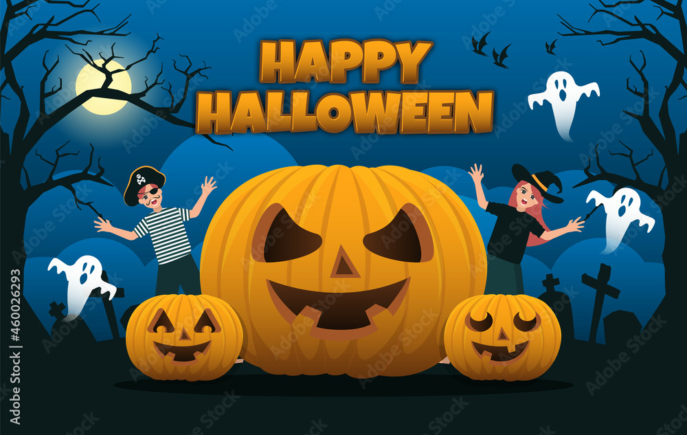 Happy halloween lettering, ghost and kids Happy halloween lettering, ghost and kids
