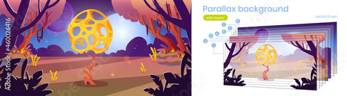 Fantasy landscape of forest with unusual yellow mushroom with holes. Vector parallax background for 2d game animation with cartoon illustration of fantastic mushroom in alien magic woods