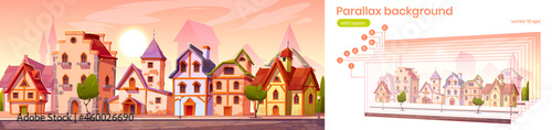 Parallax game background medieval town street with old european buildings. Cartoon 2d cityscape separated layers for game with vintage half-timbered facade of houses along road, Vector panoramic scene