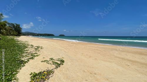 Empty beach. Panorama  seascape. Green foliage at the sea coast. Yellow clean sand. Tropical paradise. Wide panoramic view. Bright colors. Turquoise sea water and white foam of waves. Asian resort.