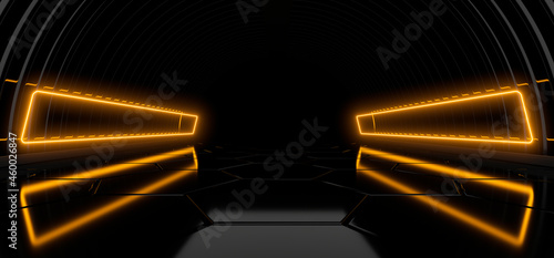 Fototapeta Naklejka Na Ścianę i Meble -  Sci Fy neon lamps in a dark corridor. Reflections on the floor and walls. 3d rendering image.