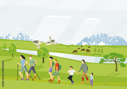 Personen und Familien wandern in der Freizeit illustration
