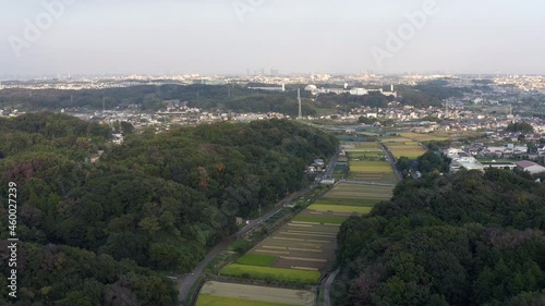 Aerial drone shot of suburban area of jike furusato village of machida city japan photo