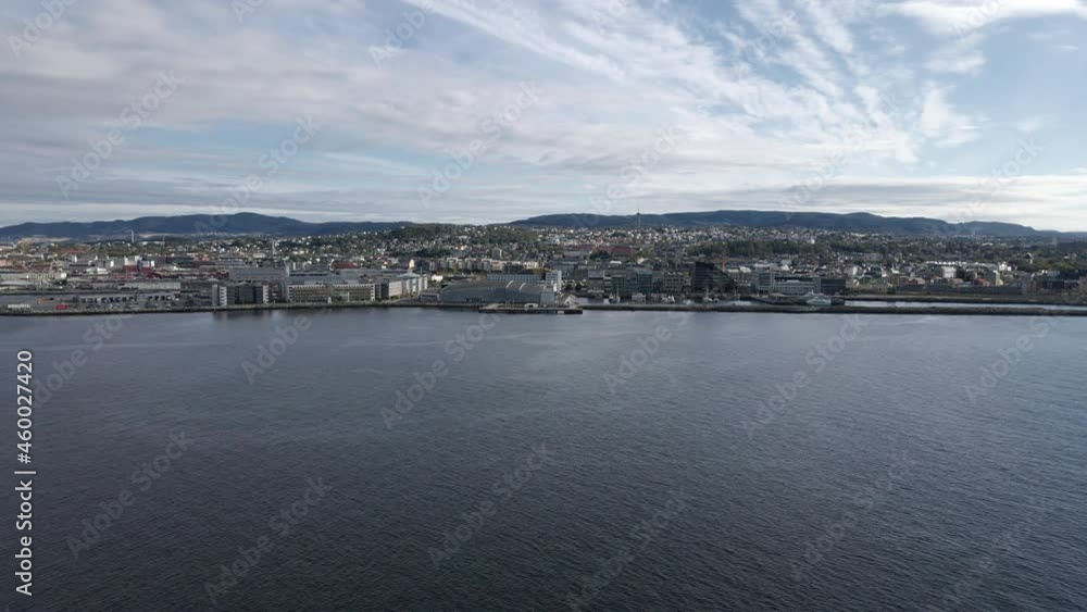 Panorama Of Trondheim City View From Serene Ocean, Trondheim Fjord In Central Norway. Aerial Drone Panorama Of Trondheim City View From Serene Ocean, Trondheim Fjord In Central Norway. Aerial Drone