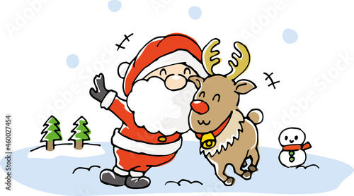 サンタクロースとトナカイが楽しく遊んでいるイメージイラスト（手描き）