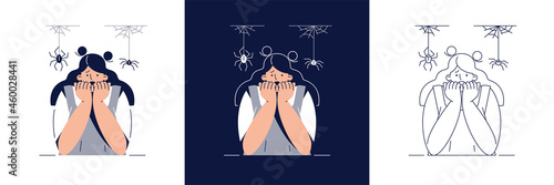Fear of Spiders vector illustration set. Frightened woman character suffers from Spider Phobia, Covers Face With Hands. Arachnophobia, Irrational fears concept collection for web banner flat design