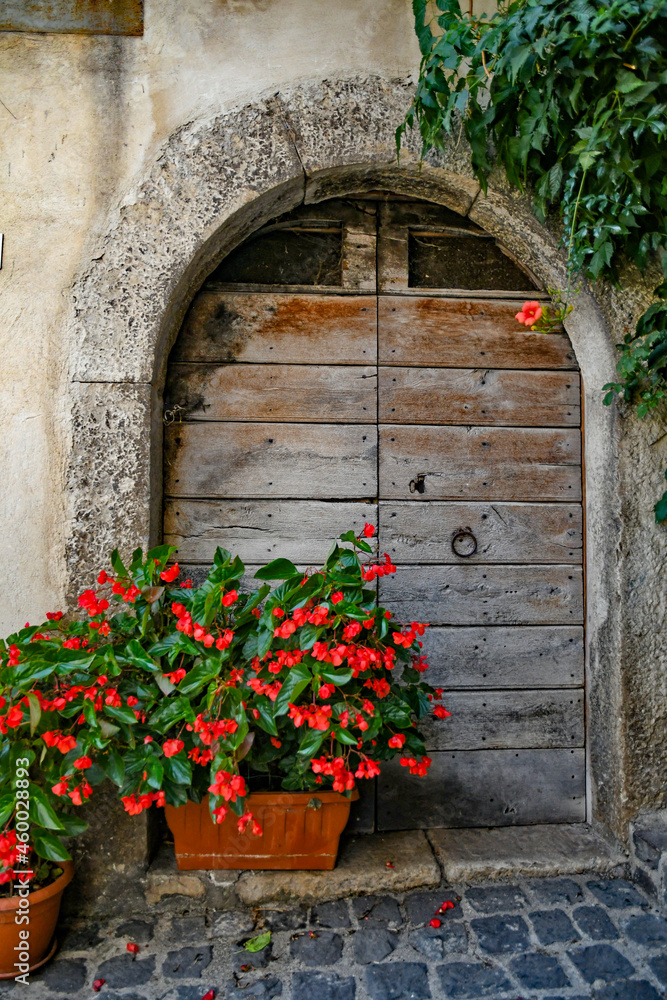 The wooden door of an old house in Carpinone, a medieval village in the Molise region, Italy.