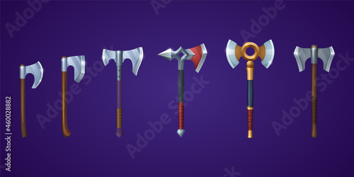 Viking axes for medieval battle or fight. Vector cartoon set of antique heavy weapons with broad metal blade for game interface. Hatchets with wooden handle isolated on background