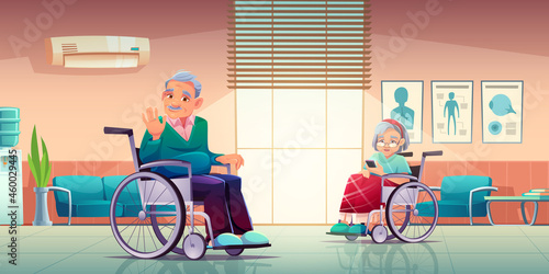 Senior disabled man and woman on wheelchair in nursing home or hospital. Old lady wrapped in plaid use phone, grey haired pensioner waving hand, helping to elderly people Cartoon vector illustration