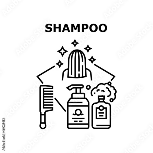 Shampoo Product Vector Icon Concept. Aromatic Shampoo Product Package With Pump For Washing Hair And Comb Accessory For Make Hairstyle. Hygienic Cosmetic Black Illustration