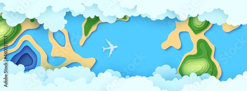 Top view cloudy landscape in paper cut style. Aerial view 3d background with airliner sea forest and island. Vector papercut illustration of creative concept idea environment conservation and nature